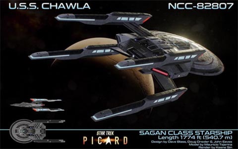 An animated image of the USS Chawla, NCC-82807, a Sagan-class starship. The ship, which has a distinct spider like design, is shown flying past a planet in deep space