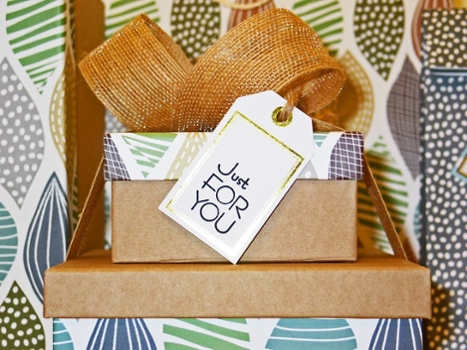 A beautifully packed gift box with hanging tag that reads, "just for you"
