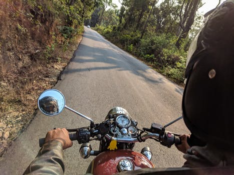A person rides a motorbike along a forest side road