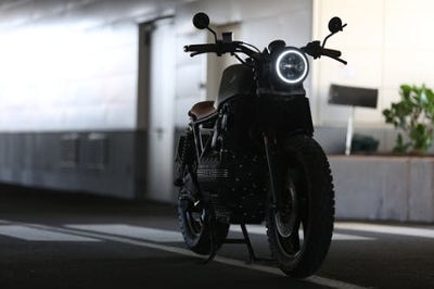 A sleek black motorbike