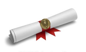 A diploma rolled into a scroll and tied with a red ribbon