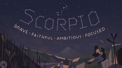 Animated zodiac graphic showing a couple stargazing. Text reads: Scorpio. Brave, Faithful, Ambitious, Focused