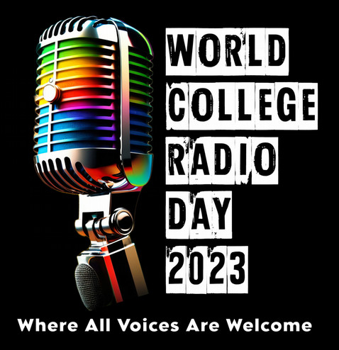 Promotional poster for World College Radio Day 2023. The poster features a vibrant, colorful illustration of a classic broadcast microphone. The text reads: 'World College Radio Day 2023 - where all voices are welcome